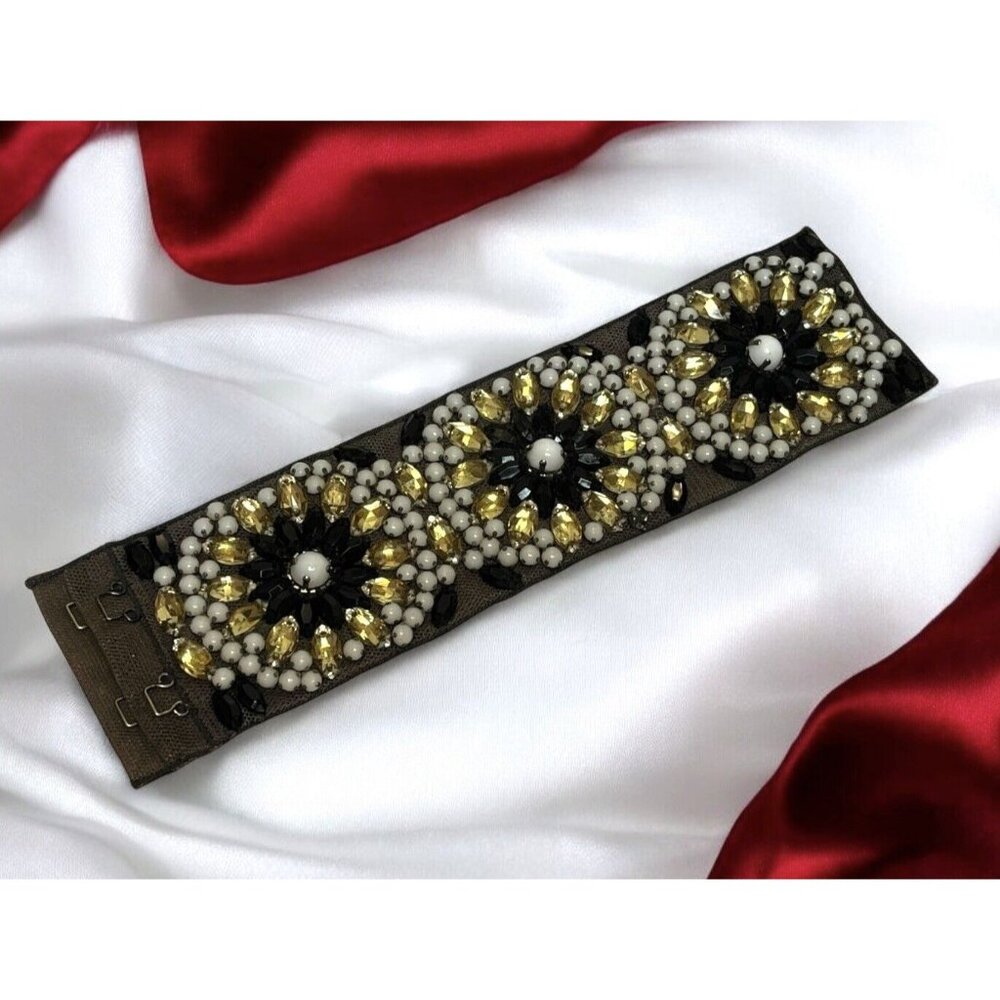 RARE Art Deco Fabric Black Linen Rhinestone Crystal Flapper Wide Wrap‎ Bracelet